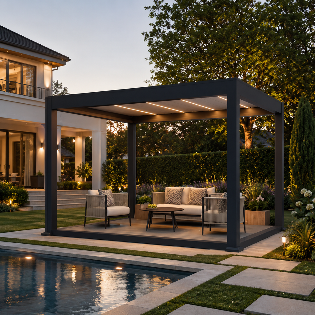 High Quality Motorized Aluminum Gazebo featuring One-Touch Retractable Roof for Chess and Card Room Entertainment