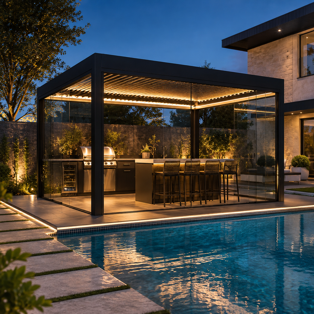 Hard Top 10x10 Aluminum Motorized Gazebo with Nature Pressure Treated Wood Outdoor Rectangle Screened Roof Garden Pergola