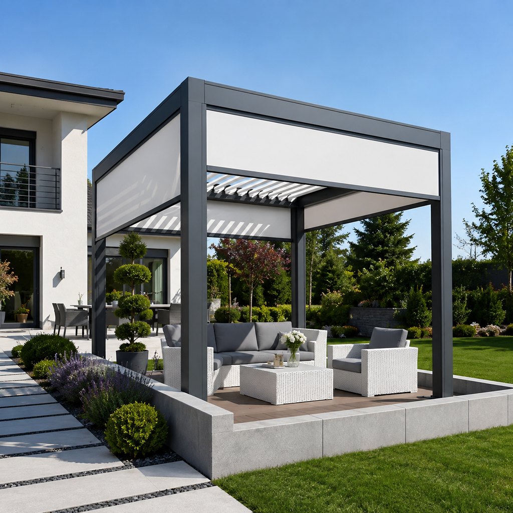 Luxury Rainproof Automatic Gazebo: Modern Bioclimatic Motorized Aluminum Pergola Pavilion for Balcony
