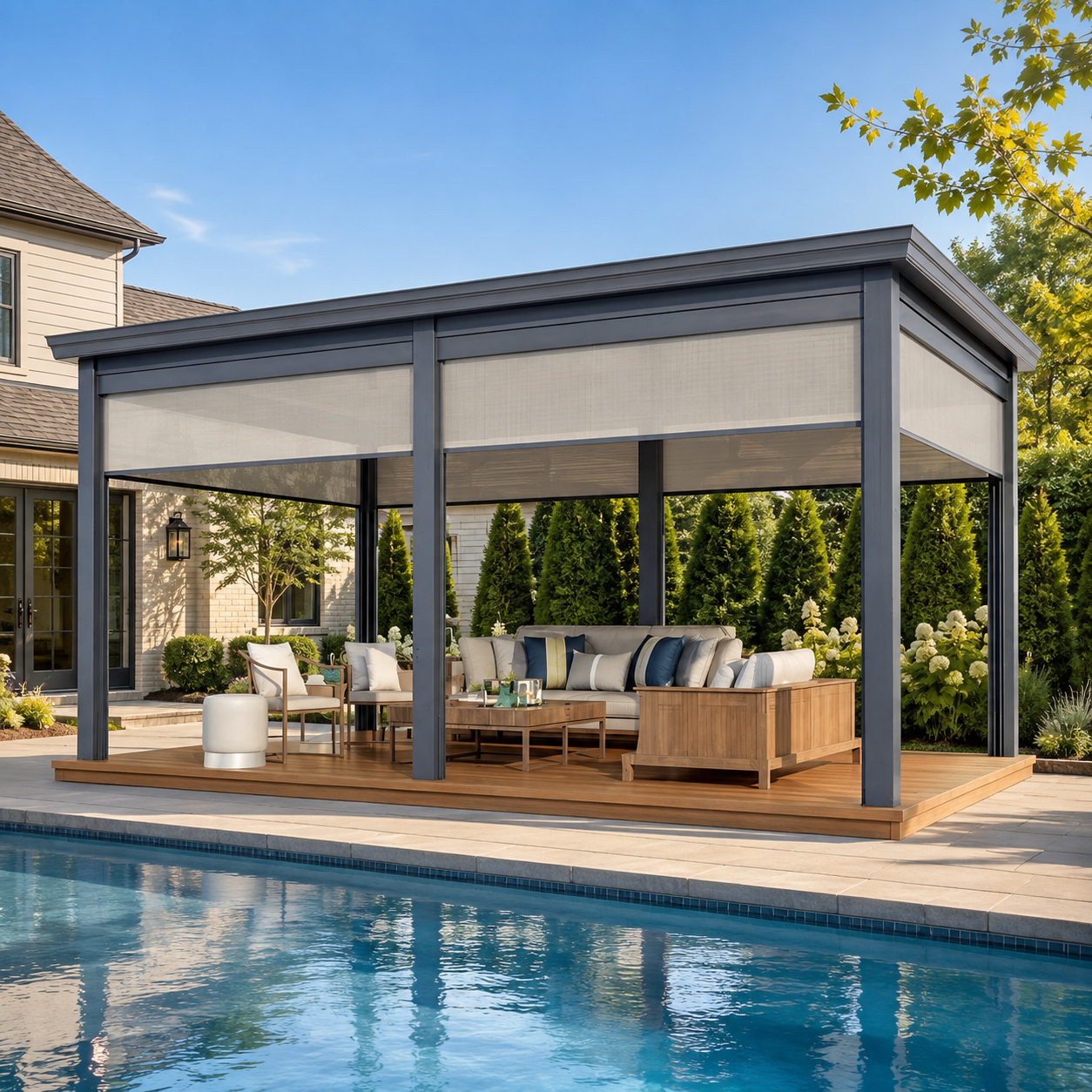 Durable Bioclimatic Aluminum Outdoor Pergola featuring Adjustable Louvered Roof and Freestanding Glass Sliding Doors
