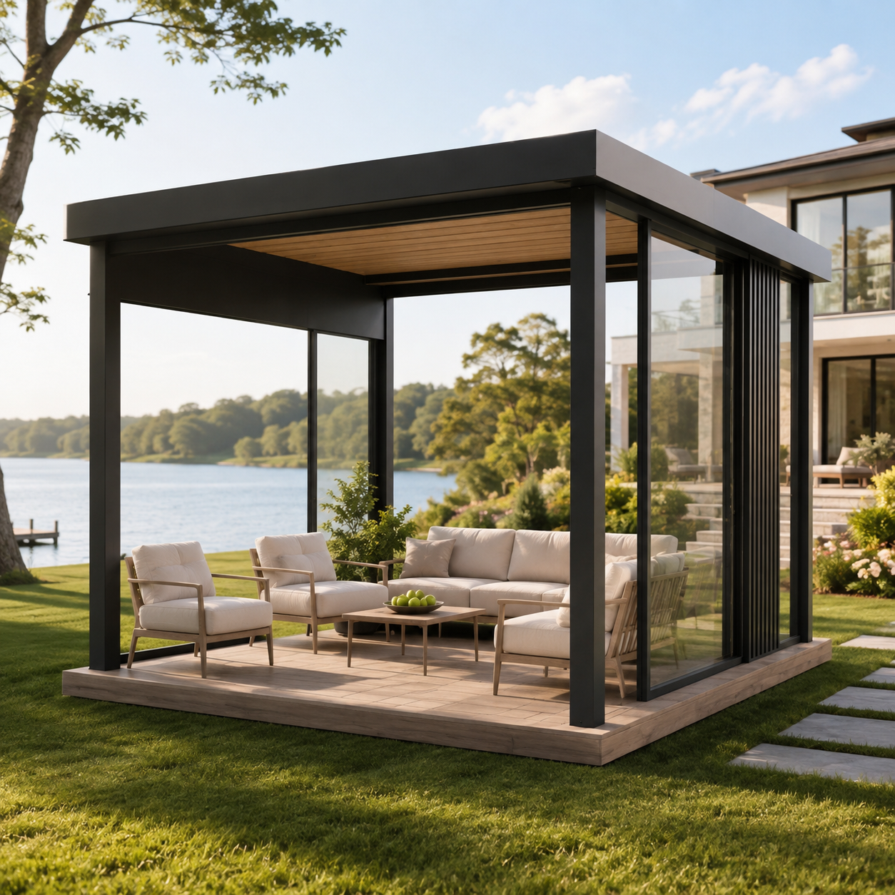 Durable Bioclimatic Aluminum Outdoor Pergola featuring Adjustable Louvered Roof and Freestanding Glass Sliding Doors
