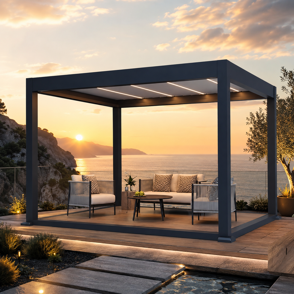 Durable Bioclimatic Aluminum Outdoor Pergola featuring Adjustable Louvered Roof and Freestanding Glass Sliding Doors