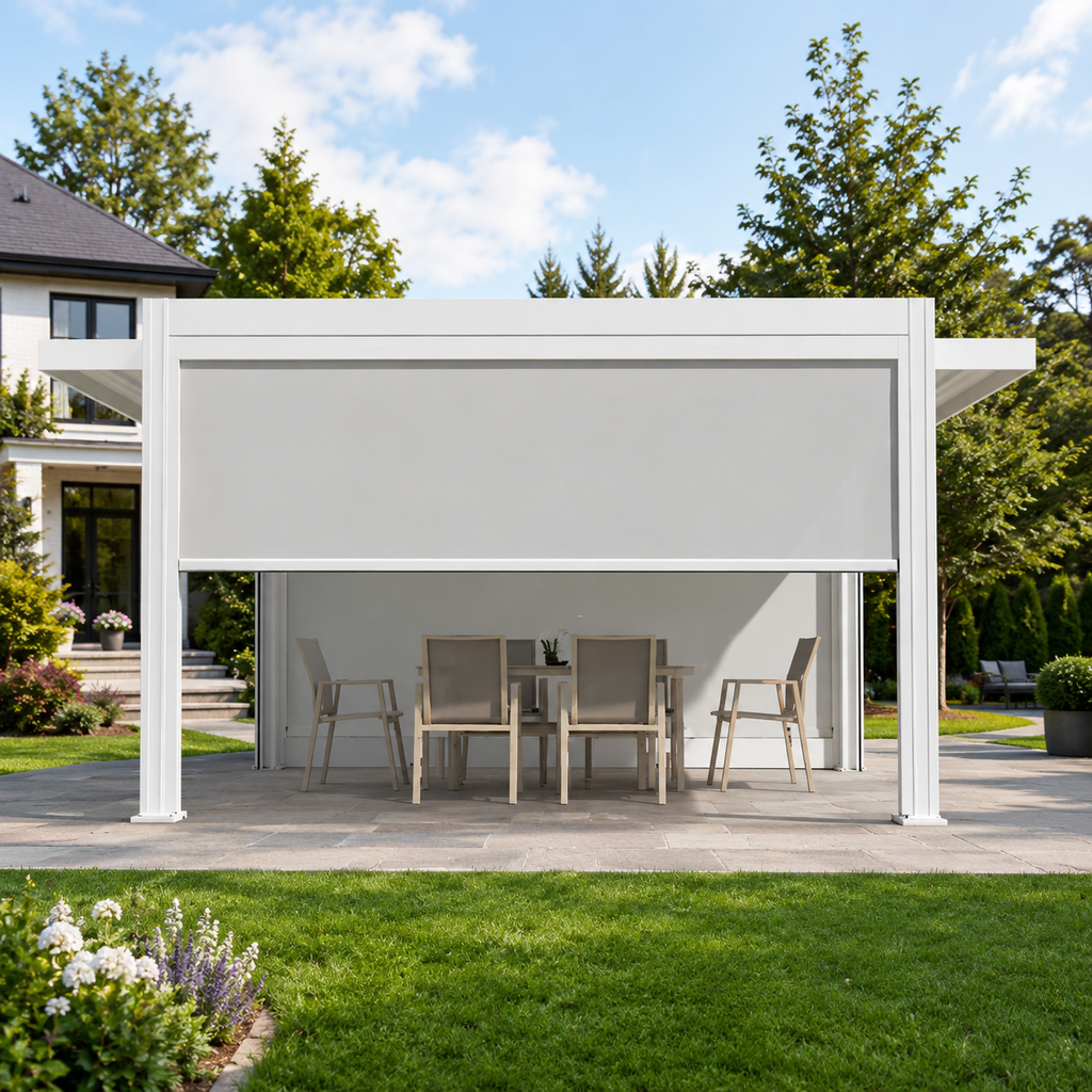 Durable Bioclimatic Aluminum Outdoor Pergola featuring Adjustable Louvered Roof and Freestanding Glass Sliding Doors