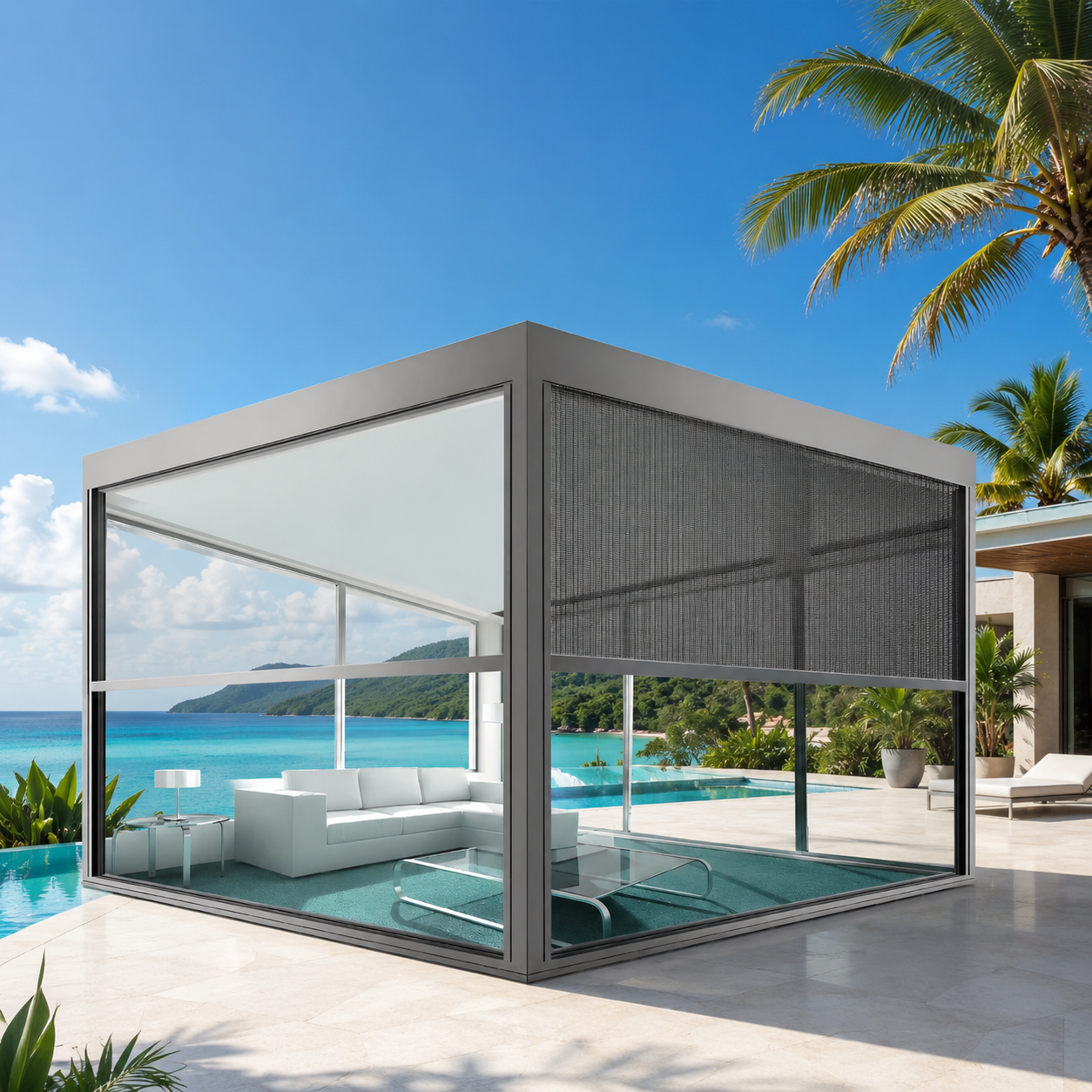 Durable Bioclimatic Aluminum Outdoor Pergola featuring Adjustable Louvered Roof and Freestanding Glass Sliding Doors