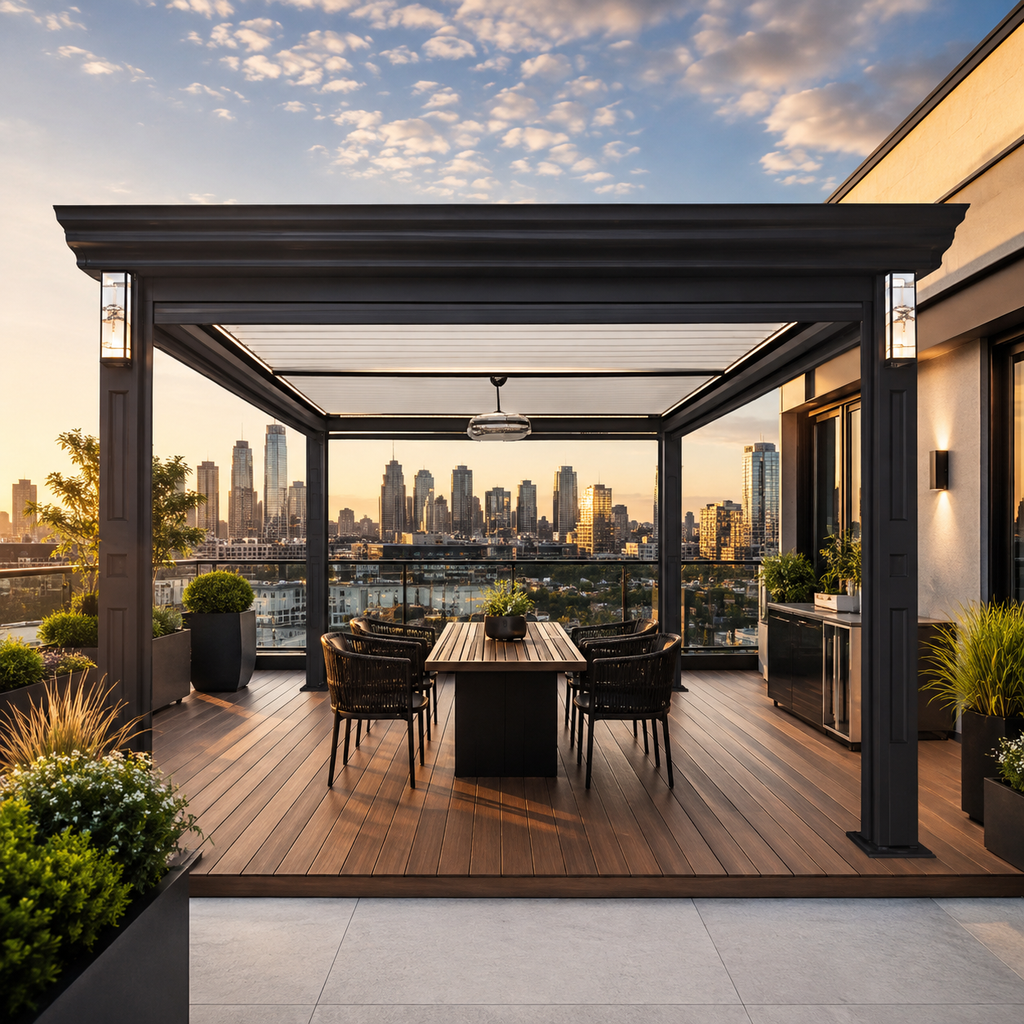Durable Bioclimatic Aluminum Outdoor Pergola featuring Adjustable Louvered Roof and Freestanding Glass Sliding Doors